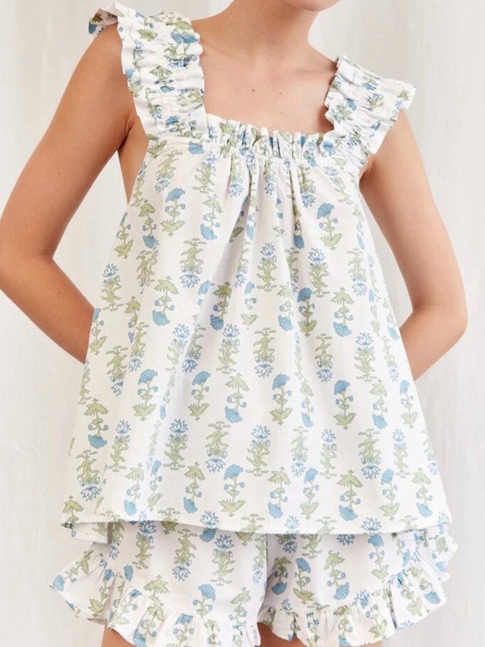 Women’s Floral Ruffle Pajama Set - White with Blue & Green Print
